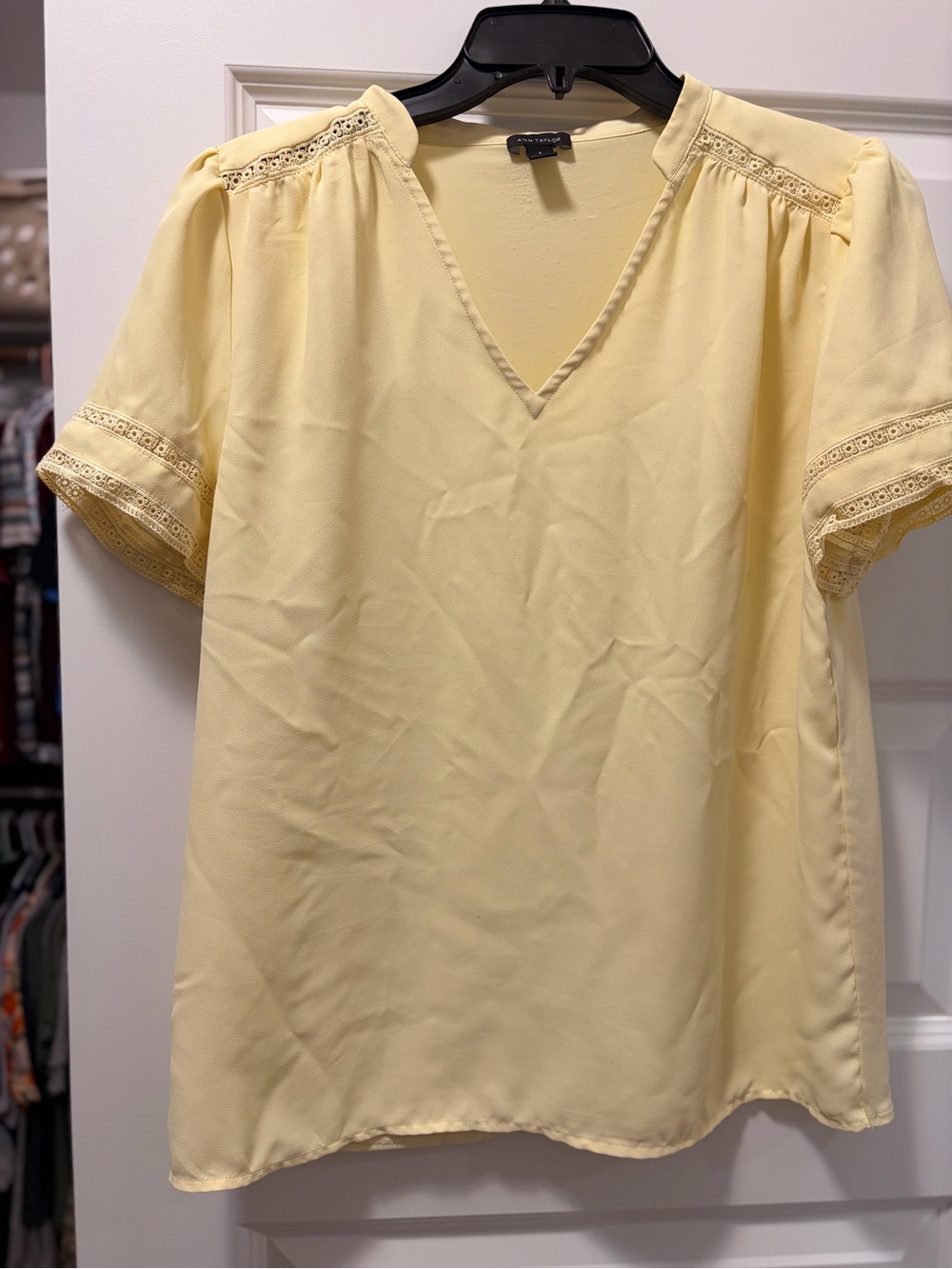 Ann Taylor Mixed Media Yellow V-Neck Lace-Trim Blouse
